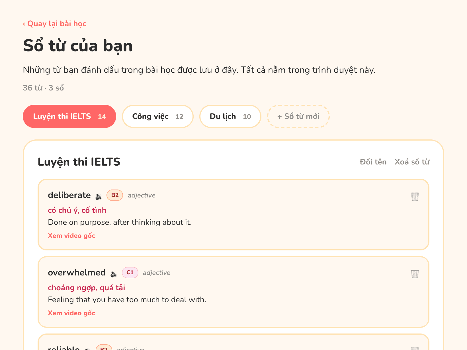 Sổ từ Fluent được chia theo chủ đề học tập