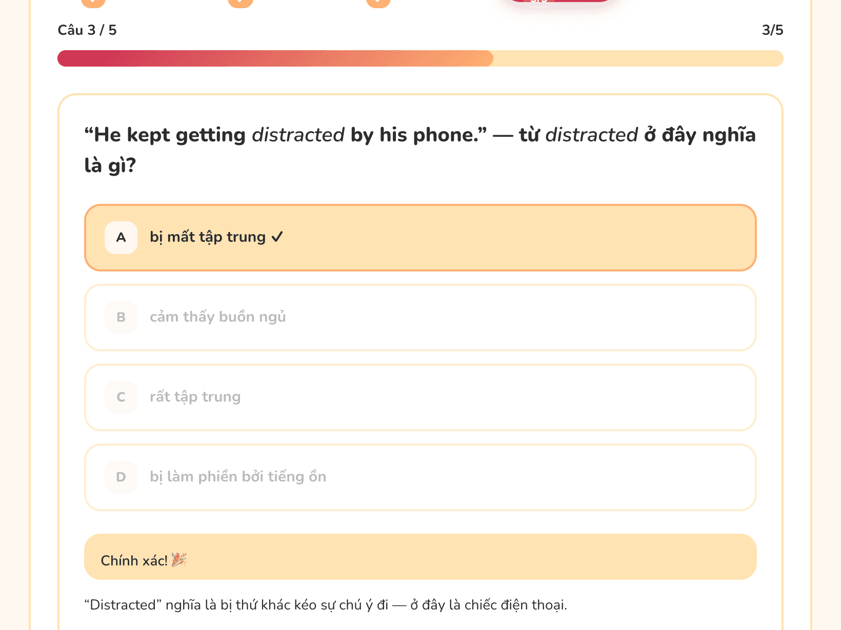 Màn hình kiểm tra của Fluent với câu hỏi từ vựng và lời giải