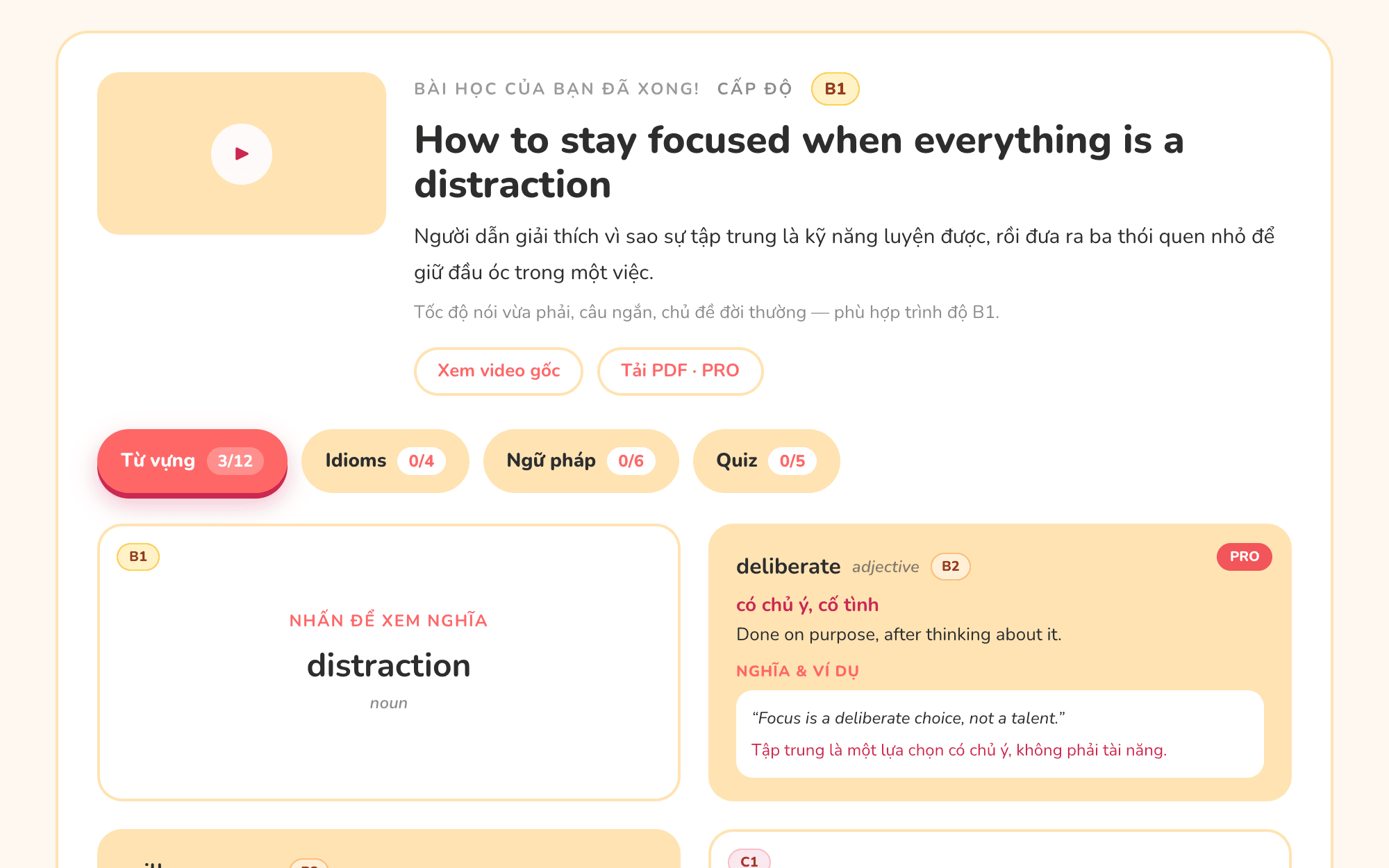 Bài học Fluent với cấp độ B1, từ vựng theo ngữ cảnh và các tab luyện tập